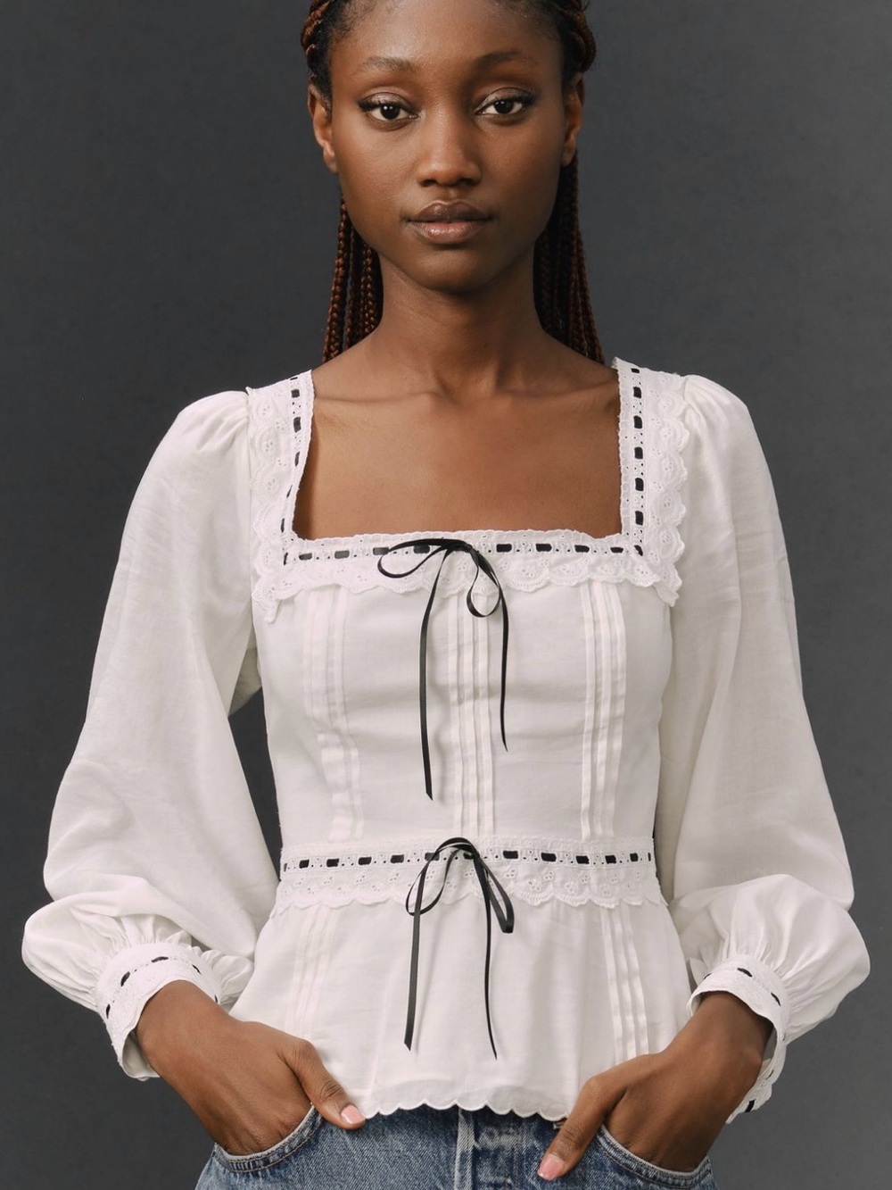 NWT Reformation Hailey top. White Square Neck Blouse with Black Ribbon Detail